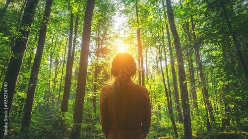 Person meditating in a sunlit forest, symbolizing the tranquility and healing aspects of forest bathing and ecotherapy. photo