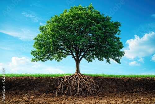 A metaphorical image of a growing money tree with branches reaching toward the sky. The roots of the tree are visible, firmly planted in rich soil, representing financial planning and security. This