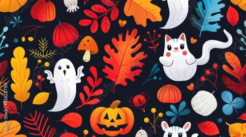 High-resolution vector of an abstract cute Halloween background with bright patterns and playful spooky elements, whimsical and artistic design