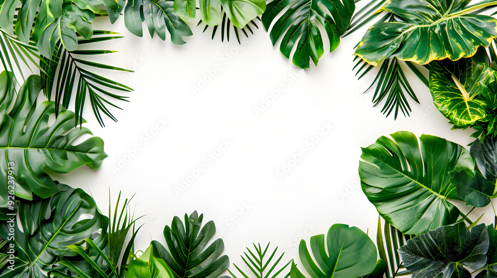 White background with tropical leave ,fruit and plant design, expressive of summer ,Tropical frame with green palm leaves Design on background, Copy space, Summer background White background with tropical leave ,fruit and plant design, expressive of summer ,Tropical frame with green palm leaves Design on background, Copy space, Summer background