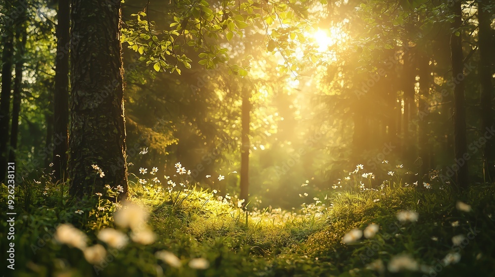 Fototapeta premium Serene forest bathed in sunlight, perfect for meditation and forest therapy. highlights nature's tranquility and ecological balance.