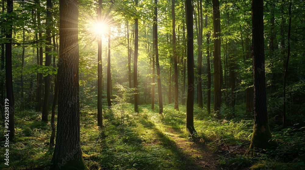 Obraz premium Sunlight filtering through tall trees in a lush forest, symbolizing tranquility, inner peace, and happiness derived from nature.