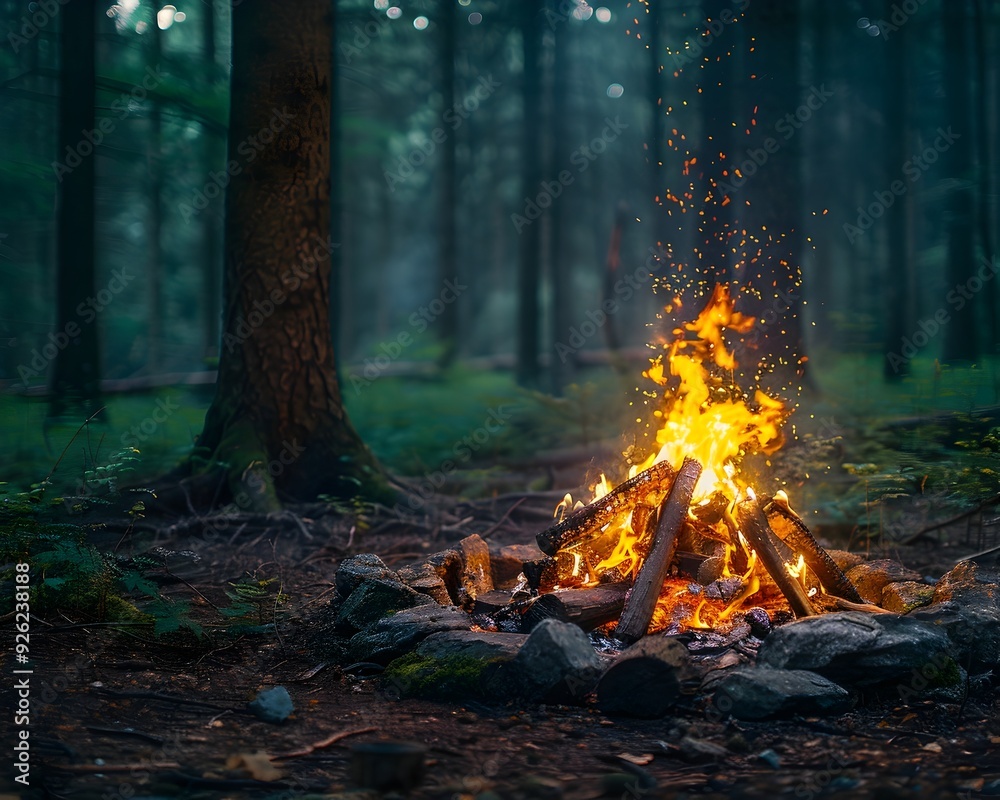 Captivating Campfire Flickering in Serene Forest Landscape at Night Captivating Campfire Flickering in Serene Forest Landscape at Night