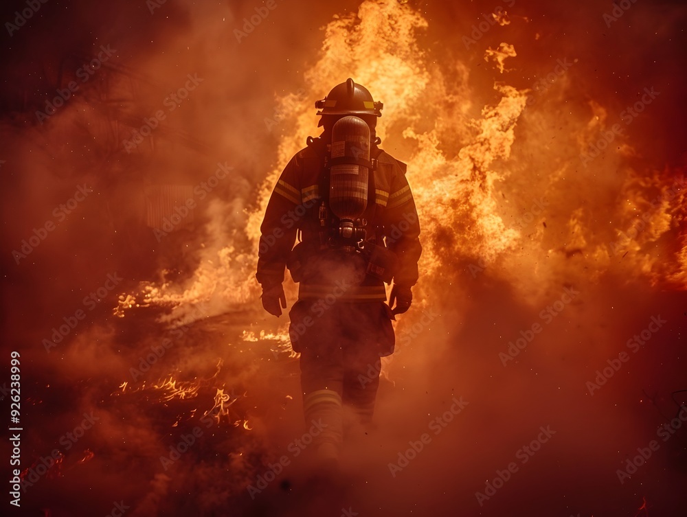 Heroic Firefighter Battling Intense Flames and Smoke in a Raging Fire Disaster Heroic Firefighter Battling Intense Flames and Smoke in a Raging Fire Disaster