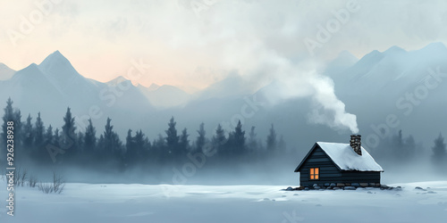 Cabin sitting alone in a snowy clearing, with smoke drifting from its stone chimney, flat illustration