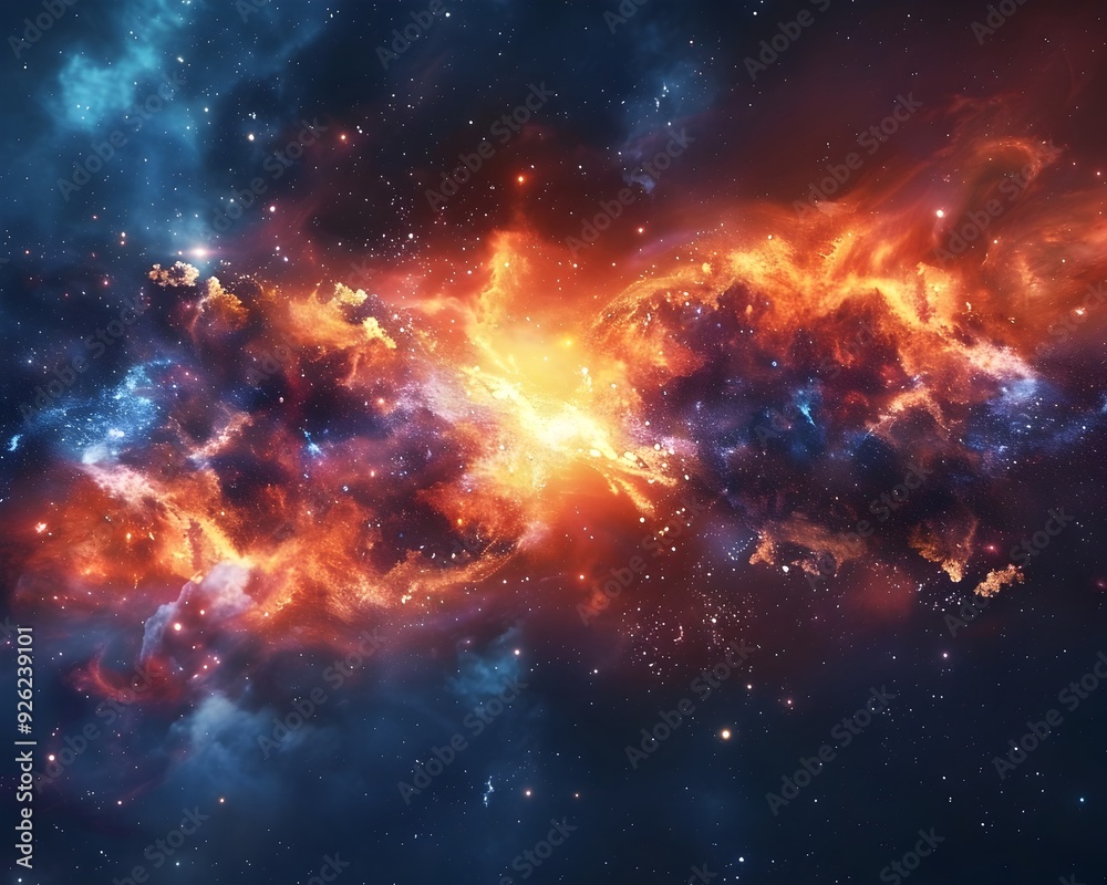 Fiery Cosmic Explosion in Vibrant Galactic Backdrop with Radiant Star Formations Fiery Cosmic Explosion in Vibrant Galactic Backdrop with Radiant Star Formations