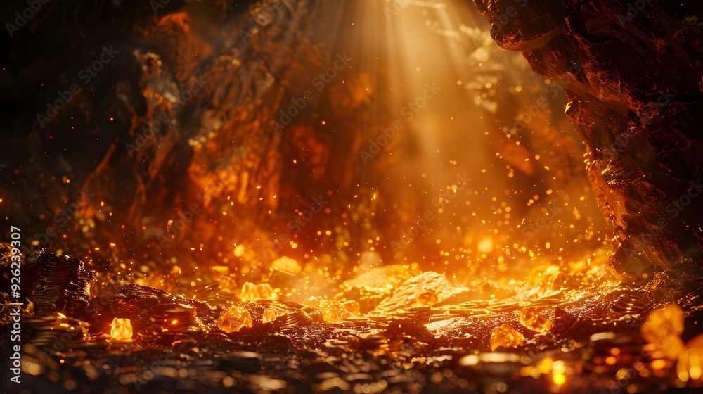 Fiery Dragon s Lair with Glittering Treasure Hoard and Flickering Flames in Cavern Background Fiery Dragon s Lair with Glittering Treasure Hoard and Flickering Flames in Cavern Background