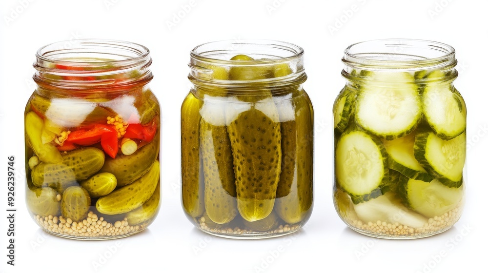 3 various Set of pickles in jar, isolated on white background