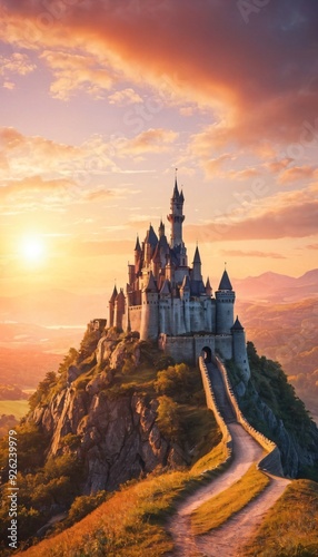 3d illustration castle on hill sunrise. Ai generated image.