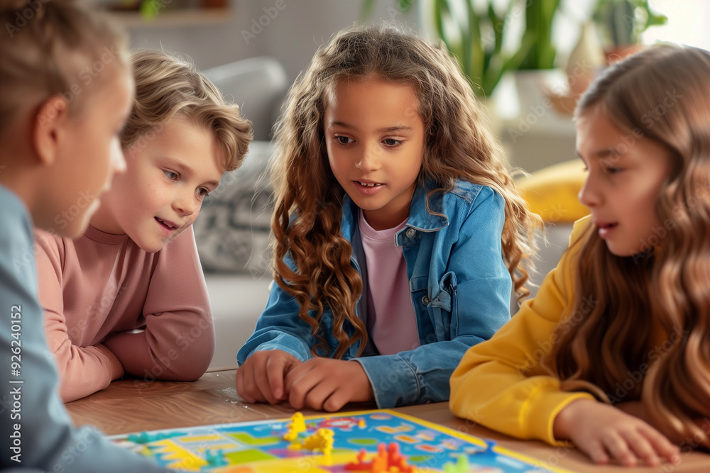 Fototapeta premium A group of children sitting around a board game. Happy kids at home in a living room playing a tabletop game.