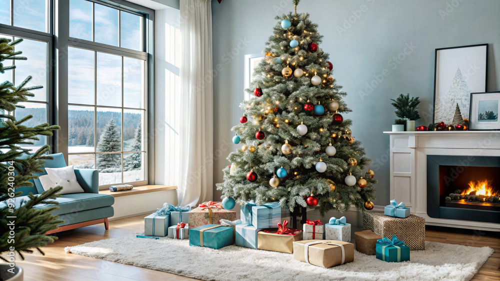 A beautifully decorated Christmas tree stands in a bright living room surrounded by numerous colorful presents A beautifully decorated Christmas tree stands in a bright living room surrounded by numerous colorful presents
