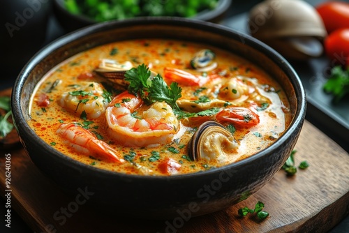 A bowl of yellow chicken curry soup with clams, prawns and coconut milk was placed on the table