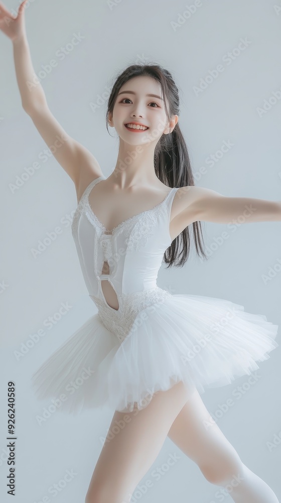 A dancer showcases her skills in a beautiful white tutu while practicing in a well-lit studio A dancer showcases her skills in a beautiful white tutu while practicing in a well-lit studio