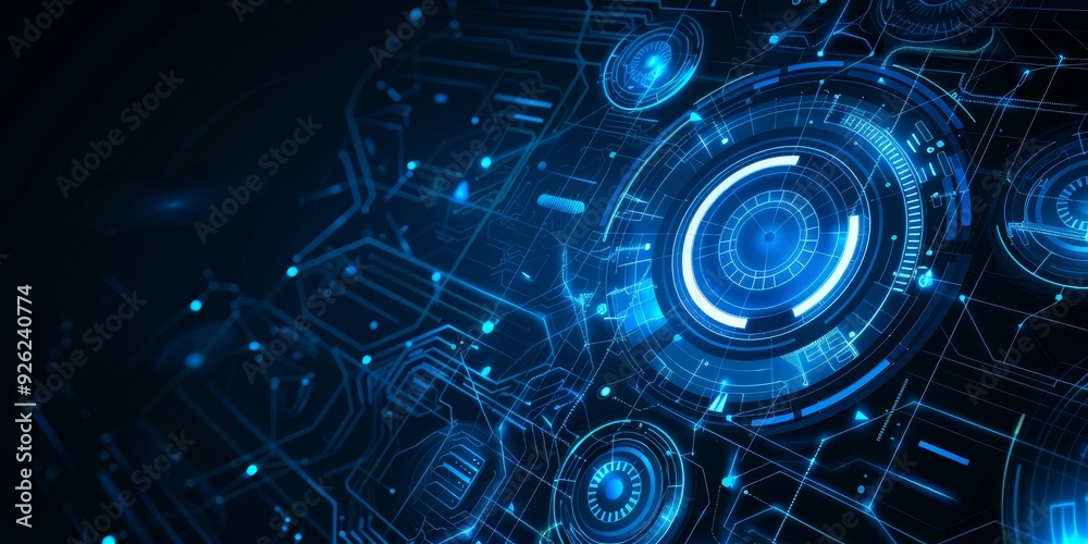 Fototapeta premium Abstract Blue Digital Background with Futuristic Circuits and Circles