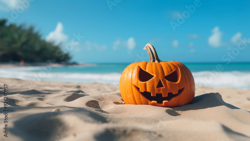 Carved jack-o'-lantern pumpkin on a tropical sunny beach with turquoise ocean and palm trees. Blend of Halloween tradition and exotic vacation setting. Concept of unconventional holiday celebrations