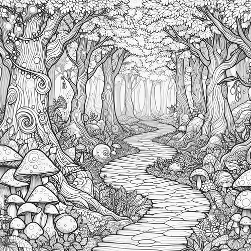 A winding path through an enchanted forest, lined with glowing mushrooms, ancient trees, and magical creatures like faeries and wisps vector