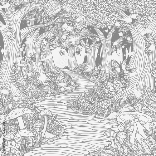 A winding path through an enchanted forest, lined with glowing mushrooms, ancient trees, and magical creatures like faeries and wisps vector