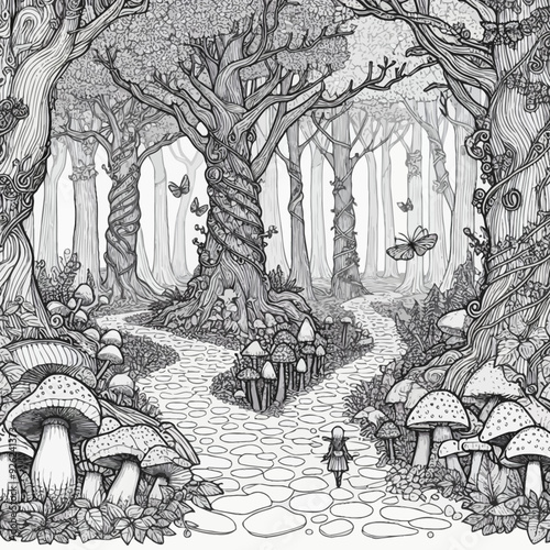 A winding path through an enchanted forest, lined with glowing mushrooms, ancient trees, and magical creatures like faeries and wisps vector