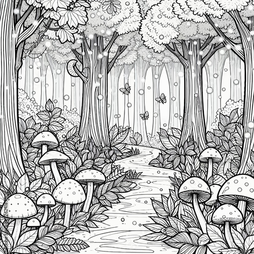 A winding path through an enchanted forest, lined with glowing mushrooms, ancient trees, and magical creatures like faeries and wisps vector