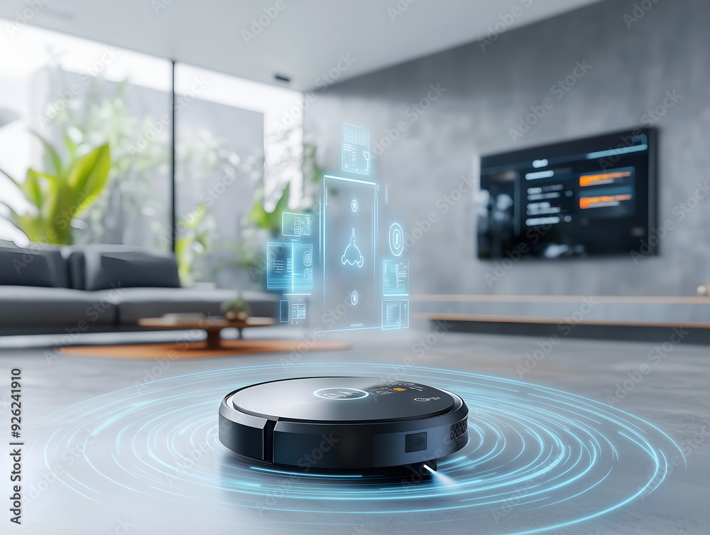 Wireless futuristic vacuum cleaning in a living room with HUD data, concept of internet of things Wireless futuristic vacuum cleaning in a living room with HUD data, concept of internet of things