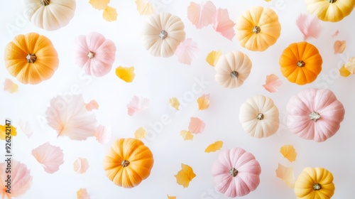 Falling pastel pumpkins on a white background