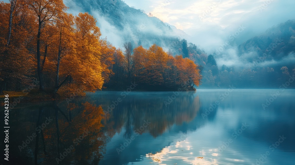 Misty Autumn Morning by the Lake - Golden autumn trees reflect on a serene lake surrounded by misty mountains, creating a peaceful and tranquil morning scene. Misty Autumn Morning by the Lake - Golden autumn trees reflect on a serene lake surrounded by misty mountains, creating a peaceful and tranquil morning scene.