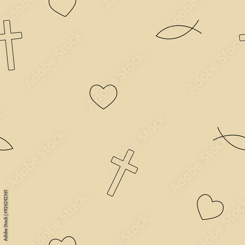 christian seamless pattern with fish, heart, cross. elements executed with strokes (outline)