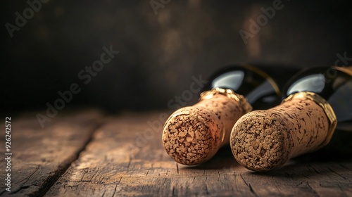 Elegant Sparkling Wine Bottle Corks on Wooden Table Closeup