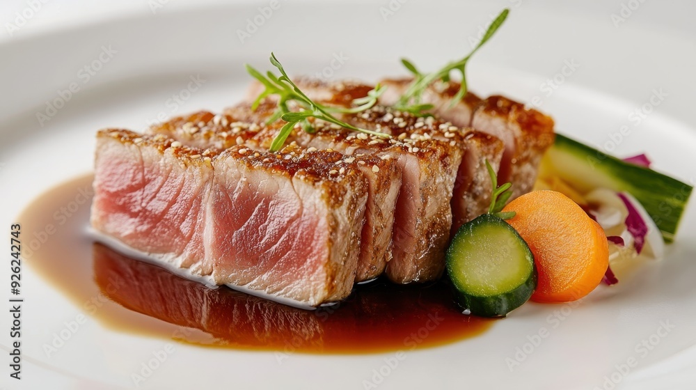 Exquisite Seared Ahi Tuna Gourmet Dish with Ponzu Sauce and Pickled Vegetables on White Plate