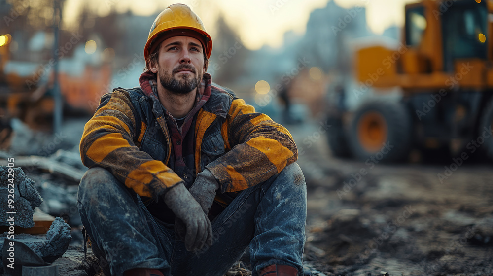 Construction worker in a hard hat sitting on a construction site, looking thoughtful while resting during a break Construction worker in a hard hat sitting on a construction site, looking thoughtful while resting during a break