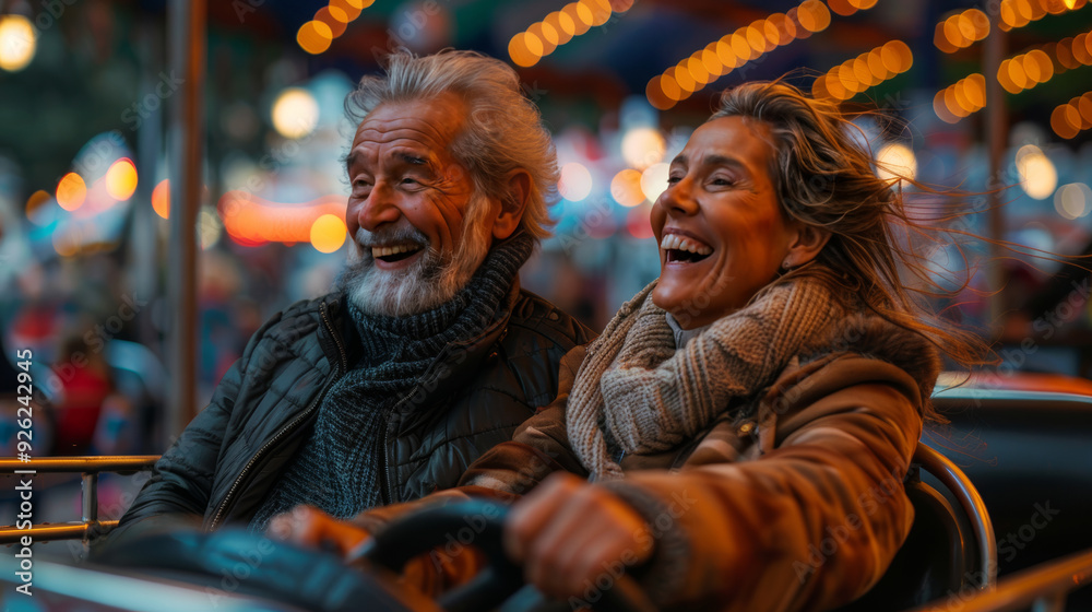 Joyful senior couple laughing while riding bumper cars at a lively amusement park in the evening Joyful senior couple laughing while riding bumper cars at a lively amusement park in the evening