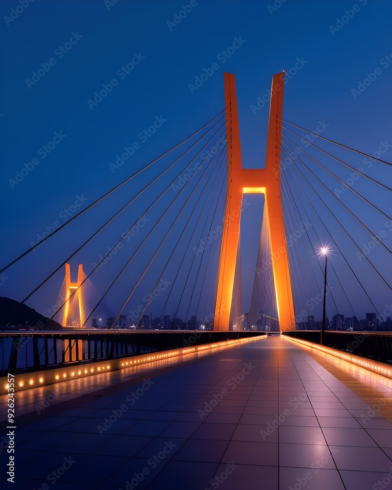 Fototapeta premium A stunning depiction of the Octávio Frias de Oliveira Bridge illuminated against the night cityscape, with its X-shaped towers and cables glowing in vibrant colors for a dazzling effect.