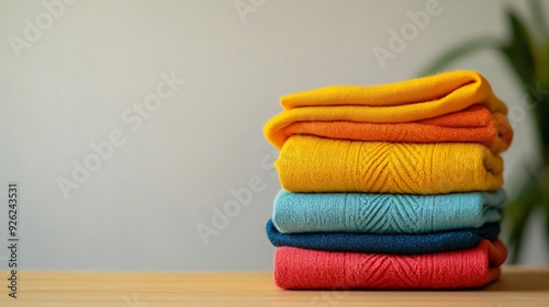Neatly Stacked Bright Folded Clothes on Table with Light Background