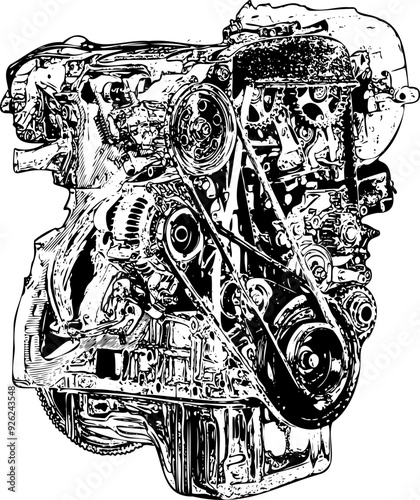 Motor coche mecánico detallado vectorial una tinta 