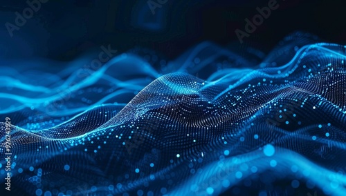 Abstract Blue Wave with Glowing Dots Representing Digital Energy Flow