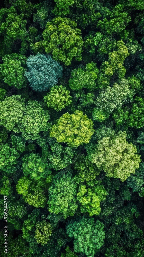Aerial view reveals a vibrant display of forest treetops in varying shades of green during spring Aerial view reveals a vibrant display of forest treetops in varying shades of green during spring