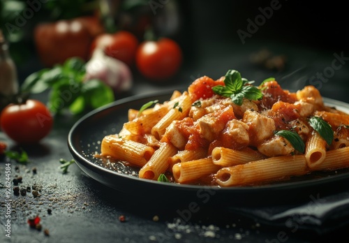 Pasta with tomato sauce and chicken on a dark plate, viewed from the side. A traditional Italian pasta dish made from penne or conchiglie pasta in a hot ceramic bowl decorated with fresh vegetables, t