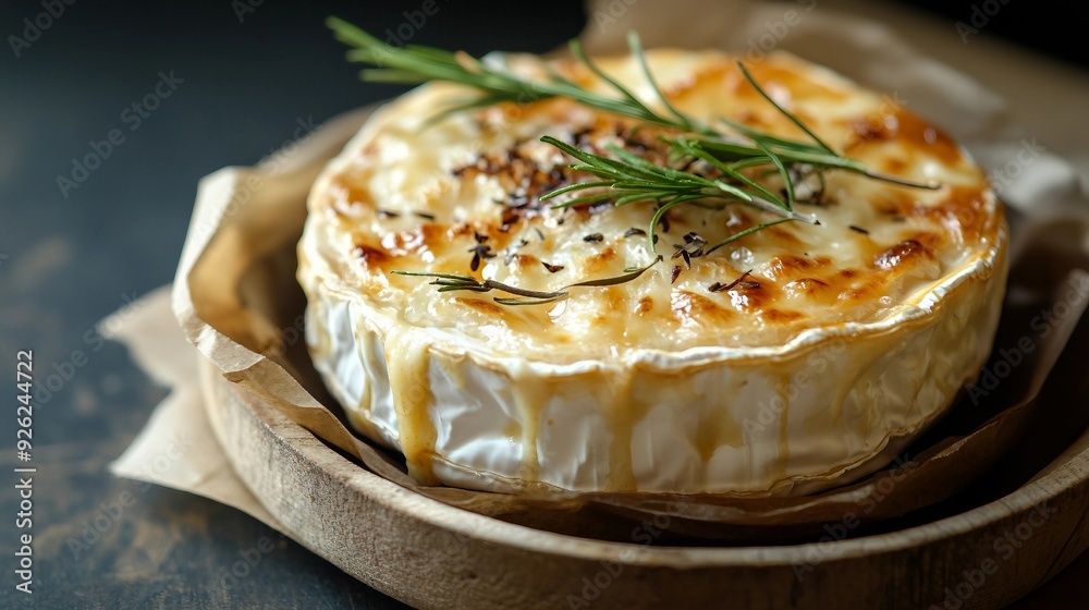 Gourmet Baked Camembert Cheese Delicacy on Dark Background Gourmet Baked Camembert Cheese Delicacy on Dark Background