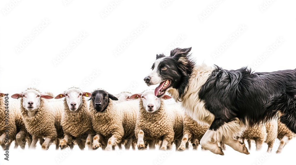 Sheepdog Herding Sheep Across a Field on a White Background, Showcasing Focus and Precision Sheepdog Herding Sheep Across a Field on a White Background, Showcasing Focus and Precision