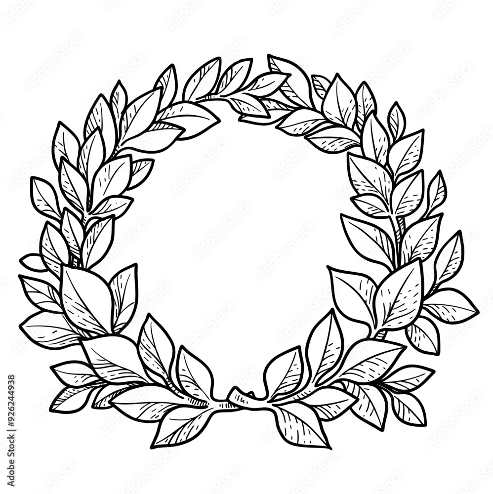 Wreath of twigs with leaves black and white graphics linear drawing by hand isolated on white background Wreath of twigs with leaves black and white graphics linear drawing by hand isolated on white background