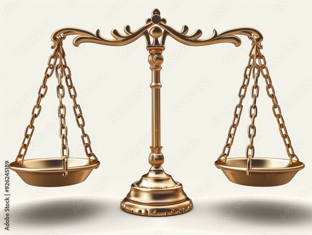 A golden scale of justice with ornate details and empty pans, isolated on a white background. A golden scale of justice with ornate details and empty pans, isolated on a white background.