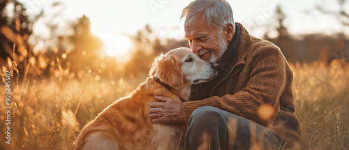 Obraz na płótnie Elderly senior man playing with his dog outside, sun setting down in background. Generative AI w salonie