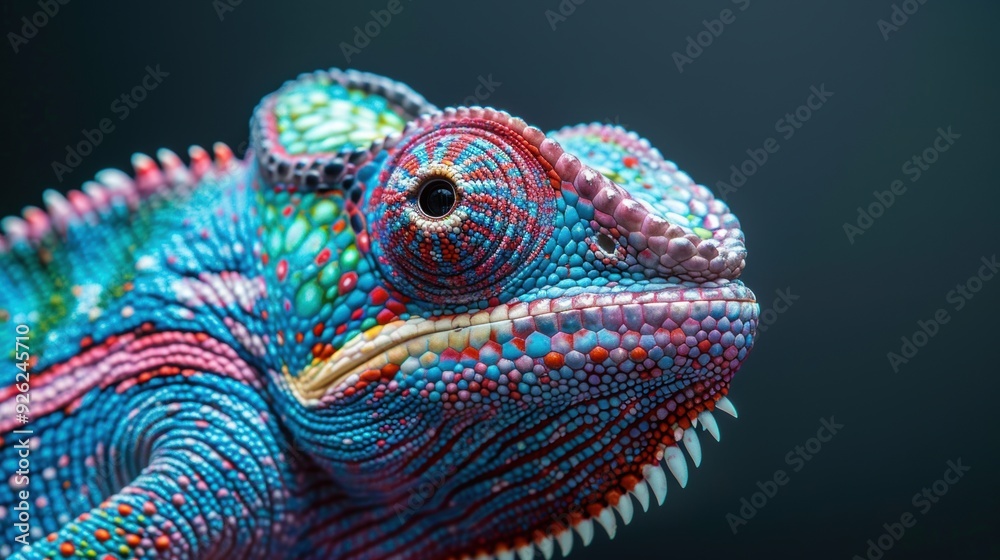 Fototapeta premium Close-up of a vibrant chameleon resting on a branch in a lush environment during daylight