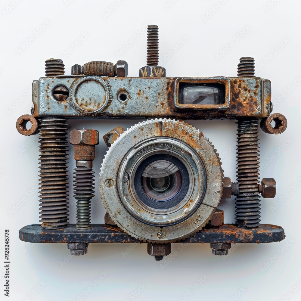 An antique camera made from rusted metal parts, showcasing a unique steampunk aesthetic and vintage charm. An antique camera made from rusted metal parts, showcasing a unique steampunk aesthetic and vintage charm.