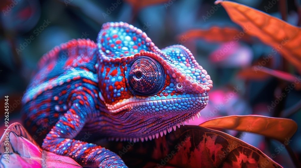 Colorful chameleon resting on vibrant leaves in a lush garden Colorful chameleon resting on vibrant leaves in a lush garden