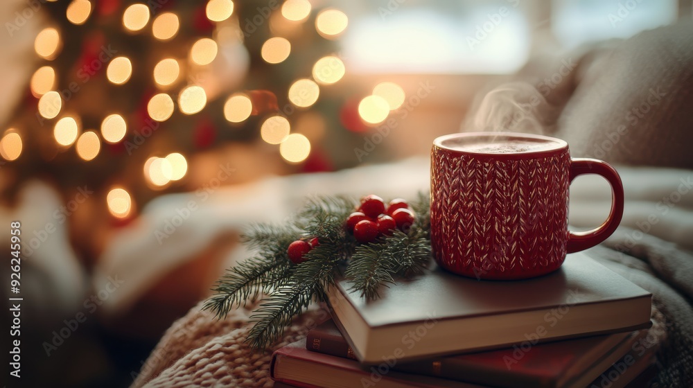 Contemporary Christmas Coffee Table Decor with Hot Cocoa Mug and Festive Books in Soft Lighting Contemporary Christmas Coffee Table Decor with Hot Cocoa Mug and Festive Books in Soft Lighting