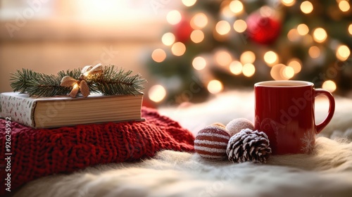 Cozy and Modern Christmas Coffee Table Decor with Hot Cocoa Mug and Festive Books