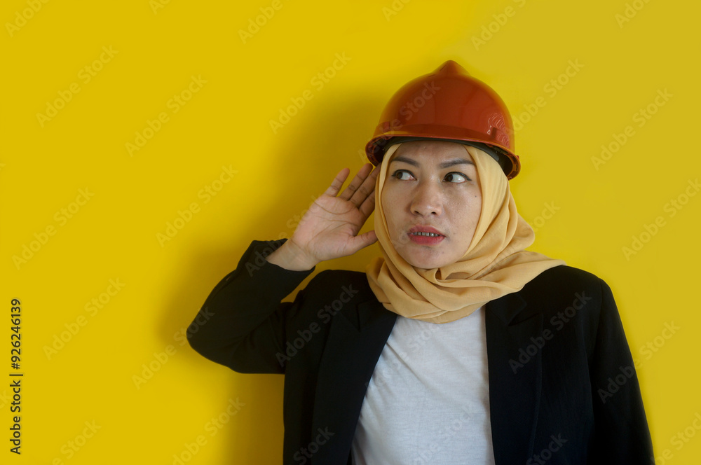 Beautiful Engineer Muslim Young Asian Woman Put Hand Over Ear Listening Rumor Or News Beautiful Engineer Muslim Young Asian Woman Put Hand Over Ear Listening Rumor Or News