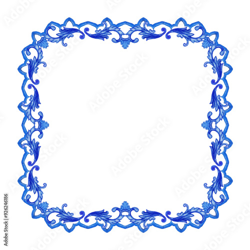 Vector decorative pattern blue and white design with frame or border. Baroque Vector mosaic. Traced watercolo