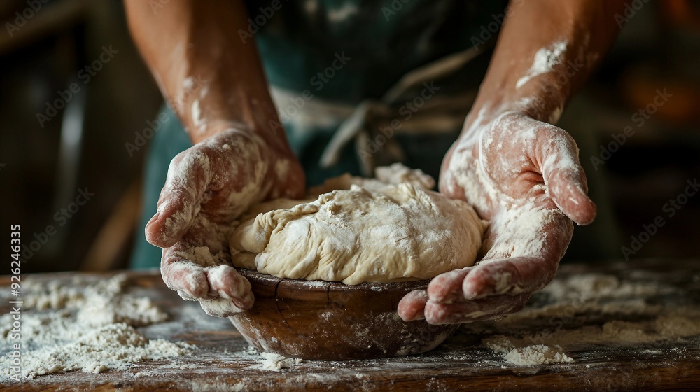 Skilled Baker's Hands Kneading Dough on Rustic Wooden Surface with Sprinkled Flour. Skilled Baker's Hands Kneading Dough on Rustic Wooden Surface with Sprinkled Flour.